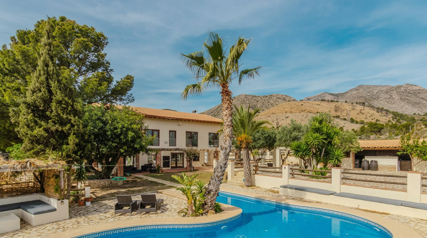 The Aigües Estate at golden hour, against the mountains of Alicante with the Mediterranean on the horizon
